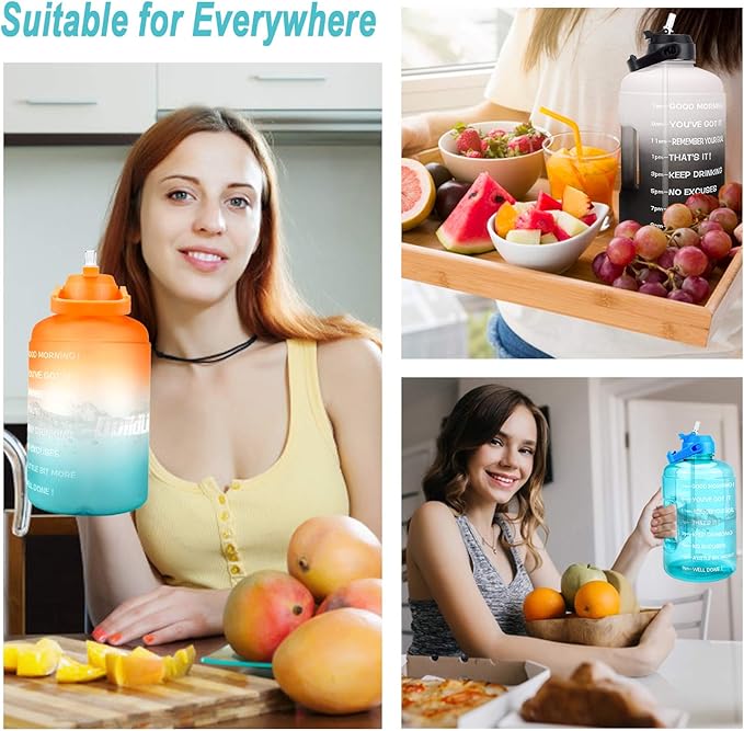 QuiFit 1 Gallon Water Bottle - with Straw & Motivational Time Marker Leak-Proof BPA Free Reusable Gym Sports Outdoor Large(128OZ) Capacity Water Jug(Orange/Green Gradient,1 Gallon)