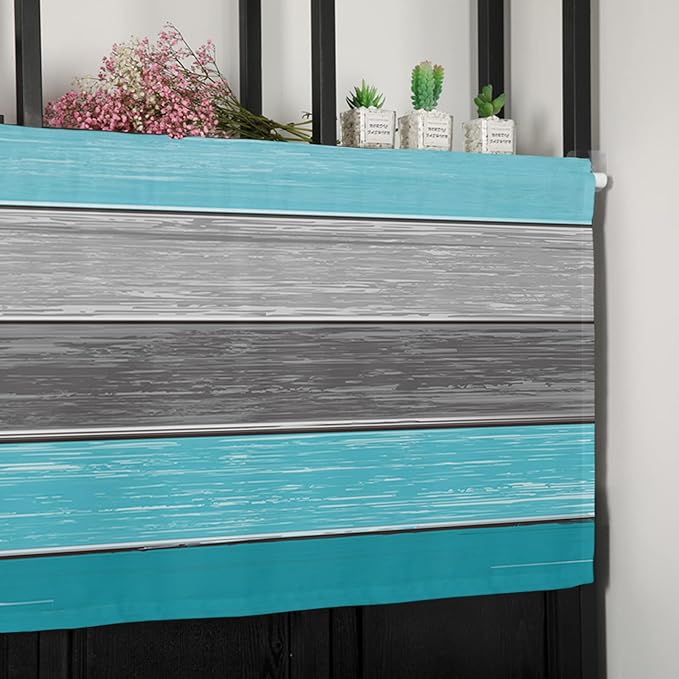 Farmhouse Kitchen Curtains Valances for Windows , Aqua Blue Gray Rod Pocket Country Window Treatment for Kitchen /Living Room/Bedroom/ Bathroom,42" X 12" -1 Panel, Retro Rustic Barn Wood Texture