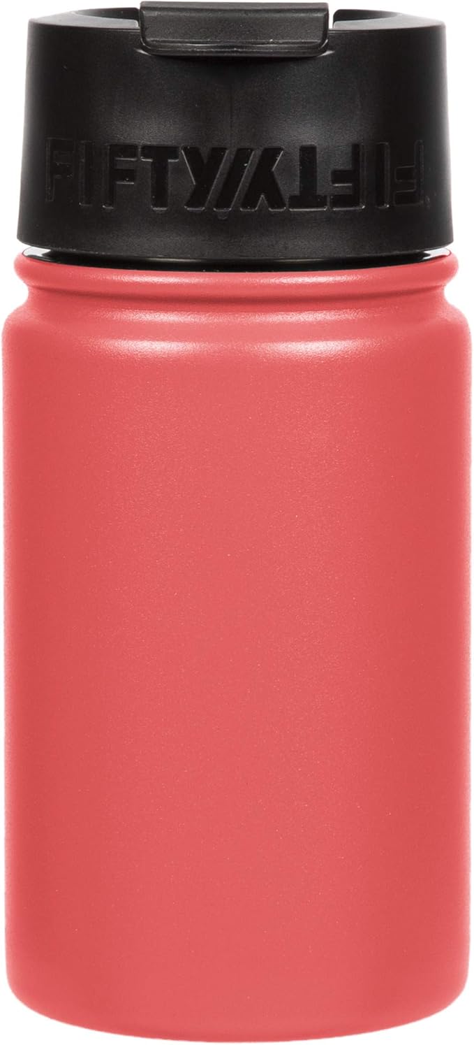 Fifty/Fifty 12oz, Double Wall Vacuum Insulated Café Water Bottle, Stainless Steel, Flip Cap w/ Wide Mouth, Coral, 12oz/354ml