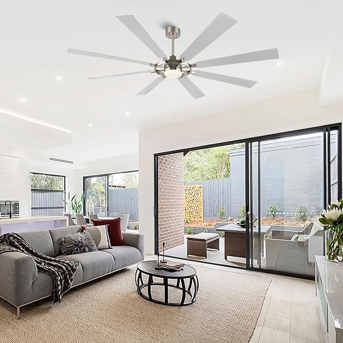 80" Ceiling Fan with Lights and Remote Control, Wood 8 Blades 6-Speed Noiseless Reversible DC Motor, 3 Downrods, Modern Large Ceiling Fan for Bedroom Dining Living Room, Nickel Finish+Silver