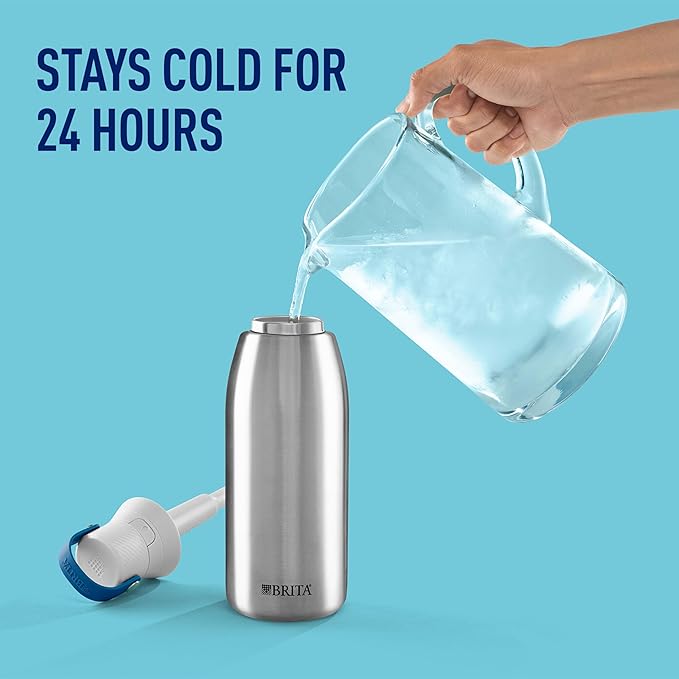Brita Stainless Steel Premium Filtering Water Bottle, BPA-Free, Reusable, Insulated, Replaces 300 Plastic Water Bottles, Filter Lasts 2 Months or 40 Gallons, Includes 1 Filter, Stainless - 32 oz.