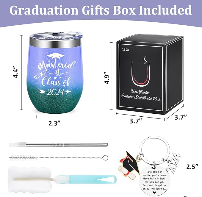 Lifecapido Graduation Gifts, Mastered it Class of 2024 12oz Wine Tumbler with Keychain, 2024 High School College Masters Degree PHD Graduation Gifts for Her Graduates Friends Classmates, Gradient