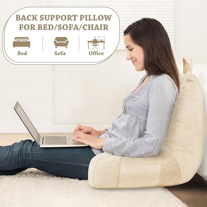 LOVTEX Reading Pillow with Removable Cover, Back Pillow for Sitting Up in Bed with Arms and Pockets, Bed Rest Pillow Adult, 20 x 15 Inches(Beige)