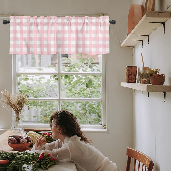 Christmas Valance Curtains for Kitchen Windows Rustic Pink White Buffalo Check Plaid Pattern Rod Pocket Window Treatment Toppers for Kitchen/Living Room/Bedroom/Bathroom, 42" X 18", Farmhouse