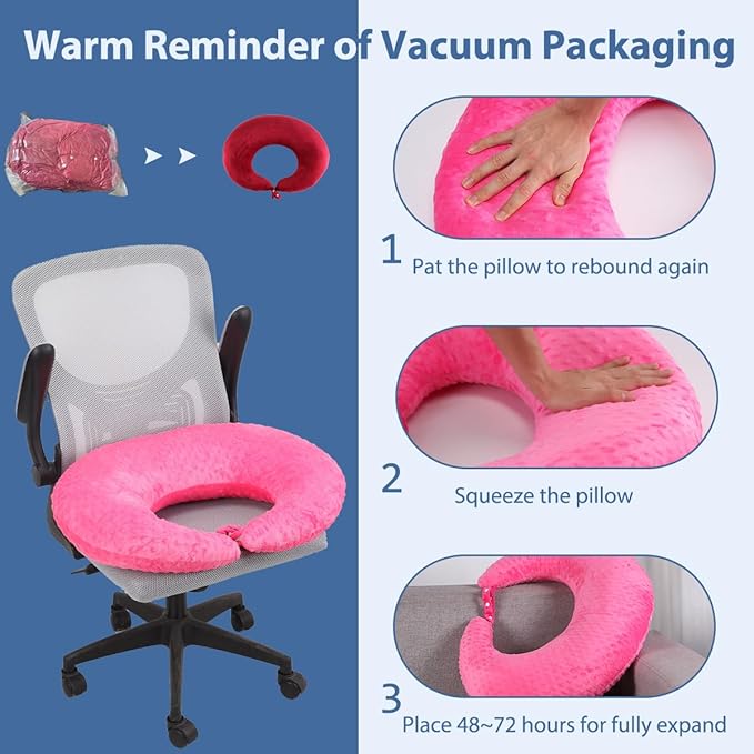 BBL Pillow After Surgery, BBL Pillow for Sitting Sleeping Driving, Hemorrhoid Pillow Seat Support Cushio for Butt with Hole, Butt Donut Pillow for Woman (Rose Red)