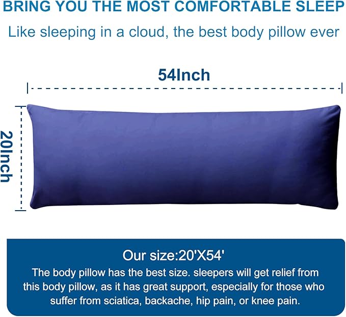 DOWNCOOL Large Body Pillow Insert- Breathable Full Body Pillow for Side Sleeper - Soft Long Bed Pillow for Adults - 20 x 54 inch (Blue)
