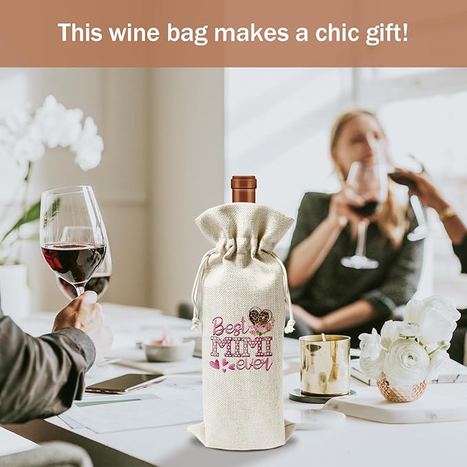 Best Mimi Ever Wine Gift Bag, Mimi Gifts for Grandma from Granddaughter Grandson, Gift for Nana Grandmother, 1pcs Reusable Burlap Wine Gift Bag for Wine Bottles, Mother's Day Holiday Party Favor -16