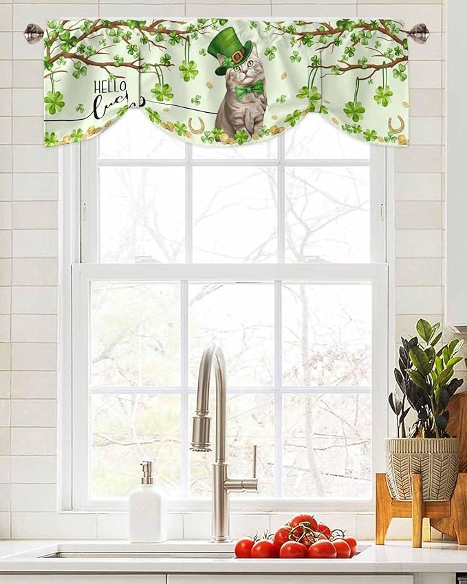 Lucky Cat St. Patrick's Day Blackout Tie Up Valance Curtains for Kitchen Windows Green Spring Shamrocks Tree Window Toppers Balloon Shades for Living Room/Bathroom/Bedroom,1 Panel, 60" X 18"