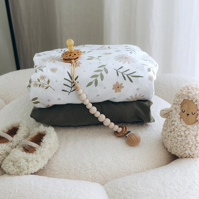 Mini Crib Fitted Sheet, 100% Cotton Knitted Jersey, Pack n Play Sheet, Breathable, Fitted Crib Sheets, Super Soft, Toddler Fitted Sheet,2 Pack,Green/Flowers, 38x24x6