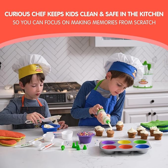 Curious Chef 38-Piece Cookie & Cupcake Kit for Kids, Dishwasher Safe & BPA-Free Plastic, Includes Real Tools - Measuring Spoon and Cup Set, Cookie Cutter, Silicone Liners, and More