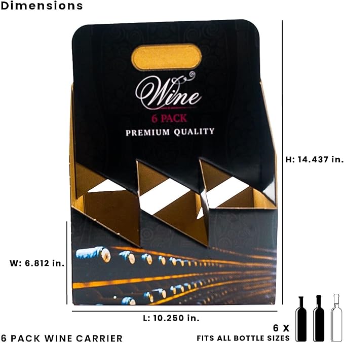 Printed Wine Carrier 6 Pack – Premium Quality Cardboard Wine Carrier for Effortless Transportation of Your Favorite Wines (10 pack)