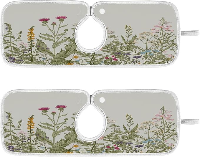 Kitchen Faucet Absorbent Mat, Herbs Wild Flowers Plant Water Splash Guard for Sink, Faucet Drip Catcher Thicken Sponge Microfiber Faucet Water Catcher Mat Sink Absorbent Mat for Kitchen 14x5in 2 Pack