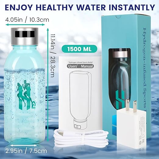 Hydrogen Water Bottle, 50OZ/1.5L Large Capacity Portable Hydrogen Water Bottle Generator 5-10 Minute Rapid Electrolysis 2500PPB, Hydrogen Water Ionizer Machine with SPE/PEM Technology (Silver)