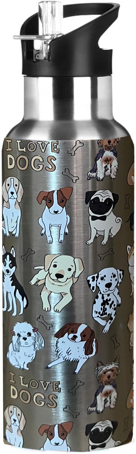 Cute Dog Animal Sport Water Bottle with Straw, Vacuum Insulated Stainless Steel Thermal Drinking Travel Mug Cups For Gym Fitness Camping-17oz/500ml