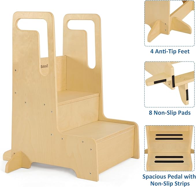 Large Kids Step Stool with Handles, Wooden Step Stool for Kids with Safety Anti-Slip Mats, Toddler Step Stool for Bathroom Sink, Kitchen, Toilet Potty Training, Washing Hands and Brushing Teeth