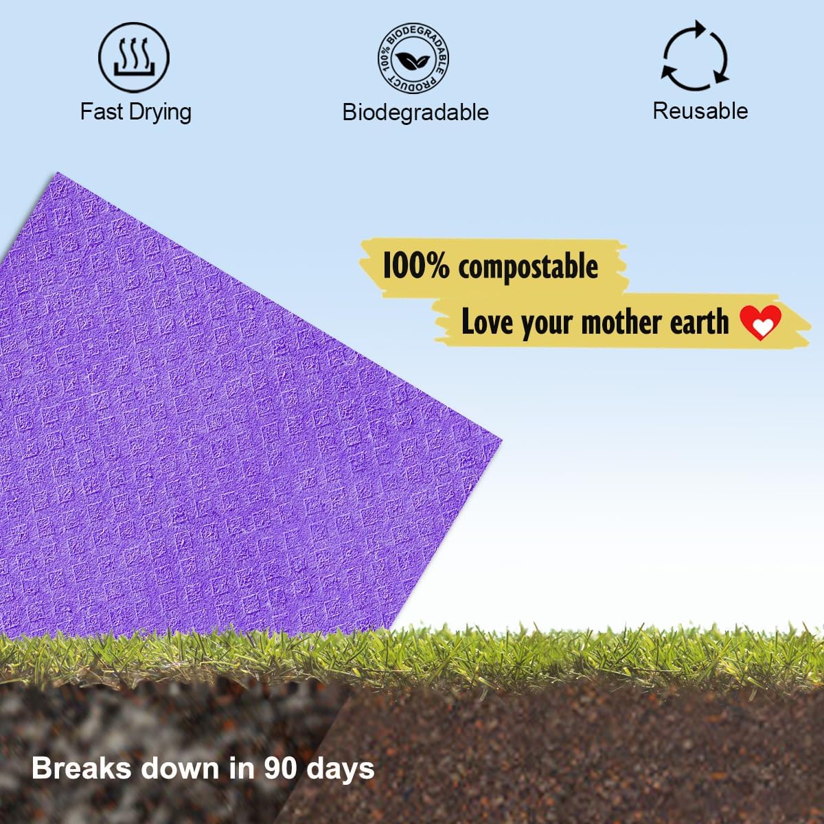 Swedish Dishcloths - 10 Pack Reusable Kitchen Dishcloths - Ultra Absorbent Dish Towels for Washing Dishes - Cellulose Sponge Cloth Cleaning Cloths - Purple