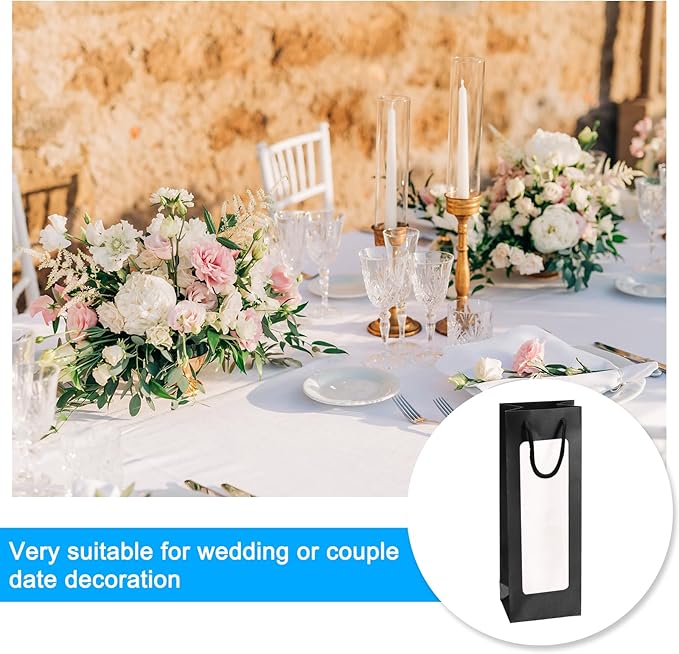 uxcell Wine Bags, 20pcs 4.92"x3.35"x14.2" Wine Gift Bags with Rope Handles, Paper Wine Tote Bag with Clear Window for Wedding Birthday Christmas Party Supplies, Black