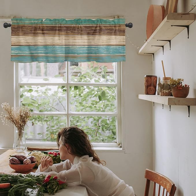 Farmhouse Kitchen Curtains Valances for Windows Teal Turquoise Green Brown Country Rod Pocket Window Treatment for Kitchen /Living Room/Bedroom/ Bathroom,60" X 18" -1 Panel, Retro Rustic Barn Wood