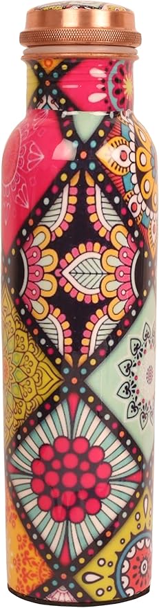 Pure Copper Water Bottle - Handcrafted - Ayurveda health benefits - Large 35 oz - Leak proof - Easy to carry for Sports, Fitness, Yoga, School - Artistic Floral Petals Multicolor Enamel