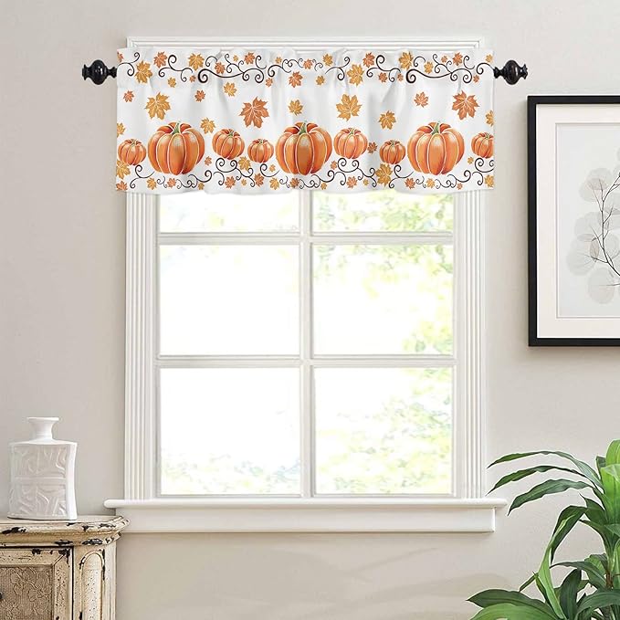 Fall Maple Leaves Kitchen Curtains and Valances Set, Thanksgiving Watercolor Pumpkins Half/Short Curtains for Small Windows Cafe /Living Room/ Bedroom 54x 36 in-,Orange Window Treatments Tiers