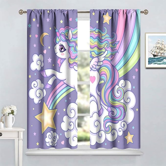 Kids Unicorn Curtains Purple Cartoon Rainbow Cartoon Room Blackout Curtains Boys Girls Baby Room Decor Curtains Living Room Decor 42x45 Inch 2 Panels
