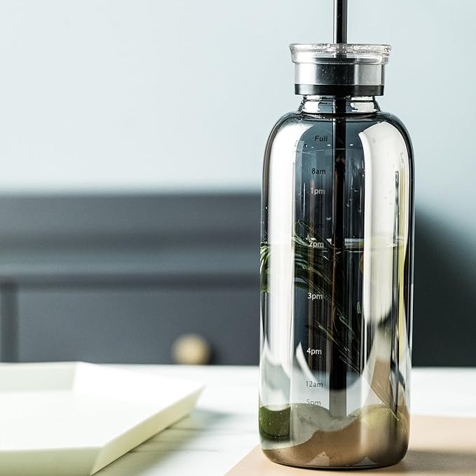 Glass water bottle With Time Marker -24oz with 2 caps and straw,Reusable Glass Drinking Bottles,Suitable For Drinks, Juices, Sodas, Coke, As Gifts Etc (Smoky 24oz*2pcs)