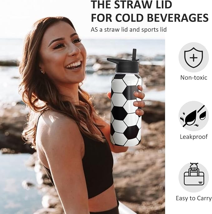 32 oz Soccer Water Bottle Insulated Vacuum Stainless Steel Sports Water Bottle with 2 Lids (Straw and Spout Lid) for Gym Camping Hiking