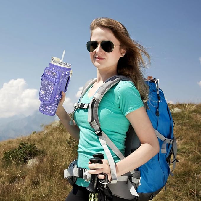 Bling Water Bottle Carrier Bag with Phone Pocket,Water Bottle Holder Bag for Stanley Cup Accessories,Cup Holder with Adjustable Shoulder Strap with Stanley 40 & 30 oz Tumbler,Purple