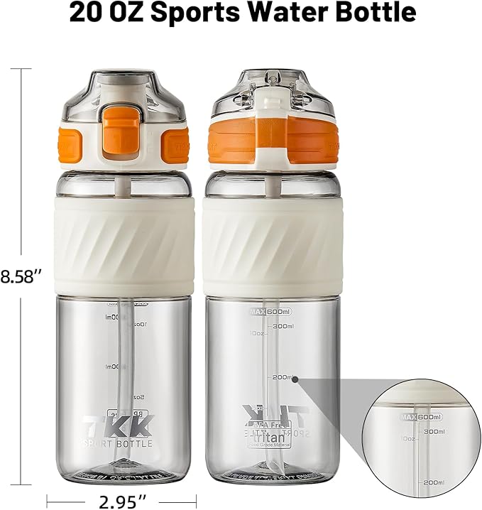 TKK 20oz Sports Water Bottles with Removable Straw Durable BPA Free Tritan Bottles Leak-Proof Water Bottles for School, Fitness, Gym, Outdoor, White