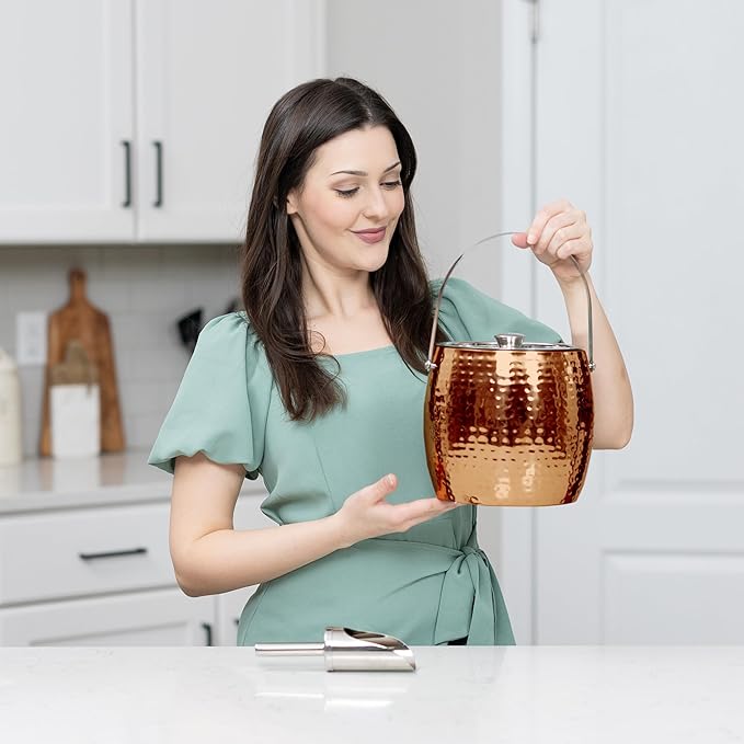 BREKX 3QT Insulated Ice Bucket for Parties with Lid and Scoop- Sweat-Free One Bottle Wine Chiller/Champagne Bucket or Ice Bucket for Cocktail Bar, Leak Proof & Easy to Clean, Rose Gold