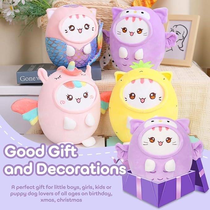 Cute Plush Owl Cat Stuffed Animal Pillow, 8" Soft Kawaii Kitten Plushie with Purple Owl Outfit Gift for Kids