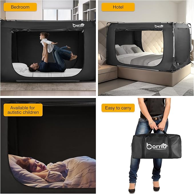 BORNA Bed Tent Bed Canopy King Size, Portable Sleeping Tents Dream Tents Indoor for Kids and Adult, Breathable 70% Blackout Big Space on Bed with Three Doors (Mattress Not Included)