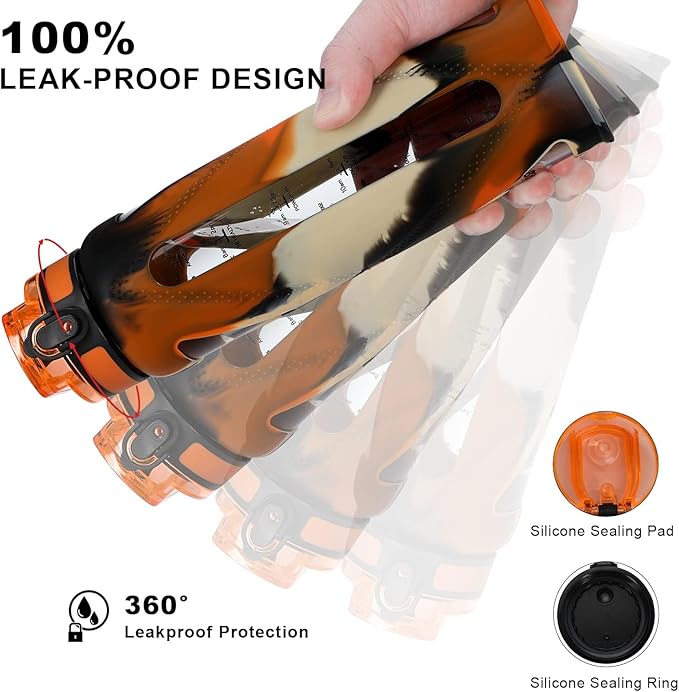 GOPPUS Glass Water Bottles with Straw and Flip Lid, Motivational Water Bottles with Time Marker Reminder and Silicone Sleeve, Leakproof, BPA Free (32 oz, Leopard Orange)