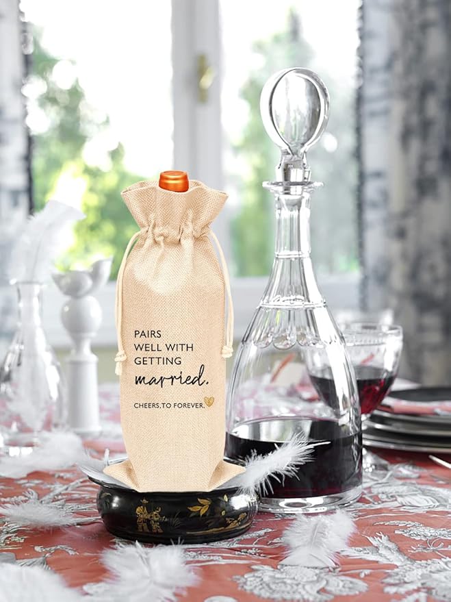 Toctose Engagements Gift Wine Bag 1Pc, Pairs Well With Getting Married, Engagement Gift for Couples, Gift for her, Him, Bride and Groom Gift-Cotton Linen Drawstring Wine Bag(WB072)