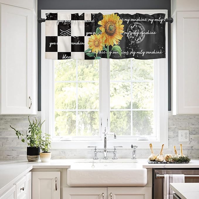 Buffalo Plaid Valance Curtains for Windows, Farmhouse Sunflower Rod Pocket Valances Window Treatments Simi Sheer Short Curtains for Kitchen Bedroom Living Room,54" X 18" -1 Panel,Black White