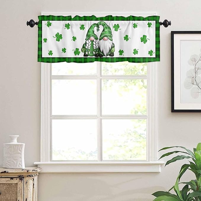 Gnome St. Patrick's Day Kitchen Curtains and Valances Set, Buffalo Plaid Shamrock Window Tiers Seasonal Spring Holiday Half/Short Curtains for Small Windows Cafe /Living Room/ Bedroom 54x 36 in