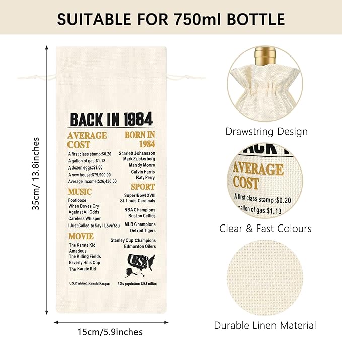 DAZLUTE 40th Birthday Gifts for Women, 40 & Fabulous Wine Glass with 1 Pack Reusable Burlap Wine Bag, 40 Year Old Wine Glass Birthday Gift for Women Mom Friend Sister Wife Aunt Coworker, 17 Oz Gold