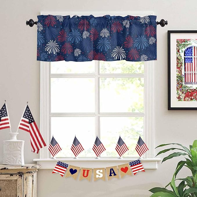 July 4th Kitchen Curtains Valances for Windows Fireworks Celebrate Patriotic Americana Stars Rod Pocket Window Treatment for Kitchen/Living Room/Bedroom/Bathroom, 42" X 18", Red, White and Blue