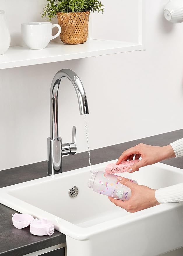 Ion8 Small Water Bottle, 350 ml/12 oz, Leak Proof, Easy to Open, Secure Lock, Dishwasher Safe, BPA Free, Carry Handle, Hygienic Flip Cover, Easy Clean, Odor Free, Carbon Neutral, Pink, Unicorn Design