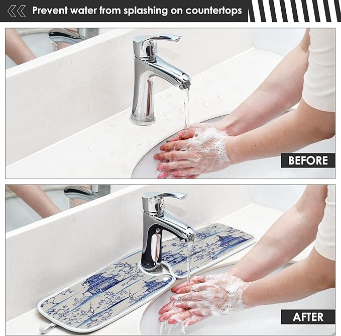 Kitchen Faucet Absorbent Mat, Ink Chinese Pagodas Trees Water Splash Guard for Sink, Faucet Drip Catcher Thicken Sponge Microfiber Faucet Water Catcher Mat Sink Absorbent Mat for Kitchen 23x5in 2Pack