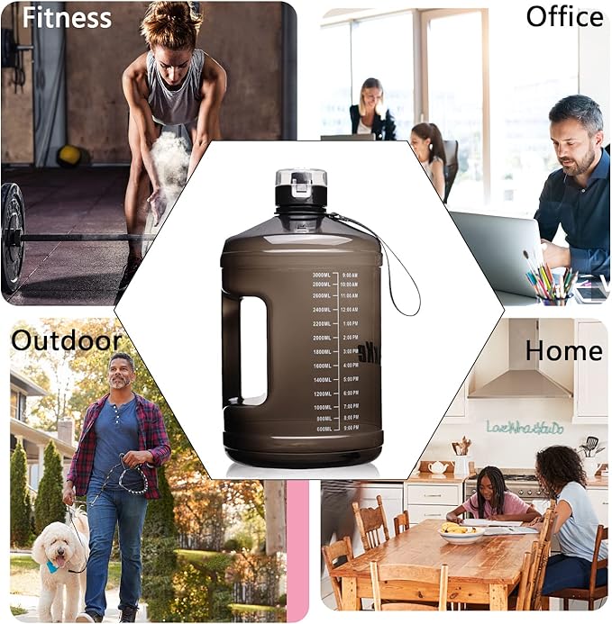 Gallon Big Water Bottle with Handle, 128oz Leakproof BPA Free Fitness Sports Water Bottle with Motivational Time Marker & Wide Mouth Ensure You Drink More Water