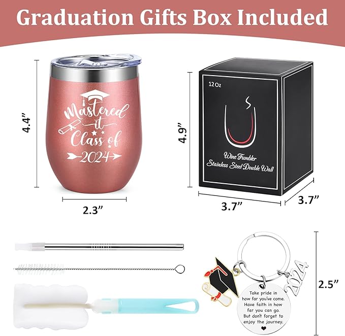 Lifecapido Graduation Gifts, Mastered it Class of 2024 12oz Wine Tumbler with Keychain, 2024 High School College Masters Degree PHD Graduation Gifts for Her Graduates Friends Classmates, Rose Gold
