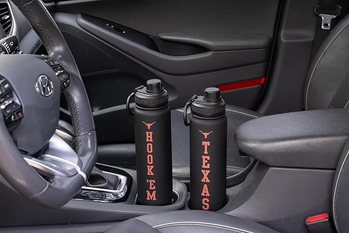 Texas Hook Em Water Bottle - Black Double Walled Stainless Steel 24 oz Keeps Drinks Cold or Hot