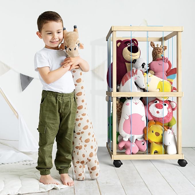 Stuffed Animal Zoo Storage Cage 35" Wood Large Stuffed Animal Storage Basket, PatioDeco Toy Storage for Big Small Stuffed Animals, Large Toy Organizer Holder for Kids Girls Boys