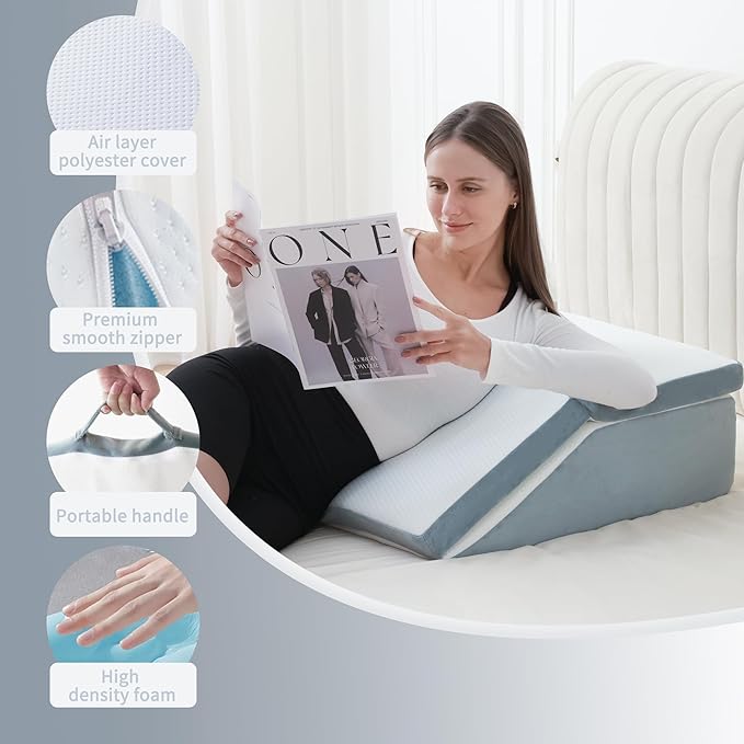 Leg Elevation Pillows for Sleeping, 6&8 Inch Adjustable Memory Foam Wedge Pillow for Legs, Knee Wedge Pillow for After Surgery, Swelling, Back Pain and Circulation