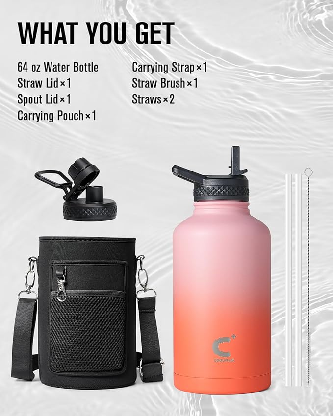 Coolplus Insulated Water Bottle 64 oz, Half Gallon Water Jug With Straw Stainless Steel Double-Walled Vacuum Metal Large Flask With Carry Sleeve for Sports Gym Ourdoor, Keep Cold 48 Hrs, Orange