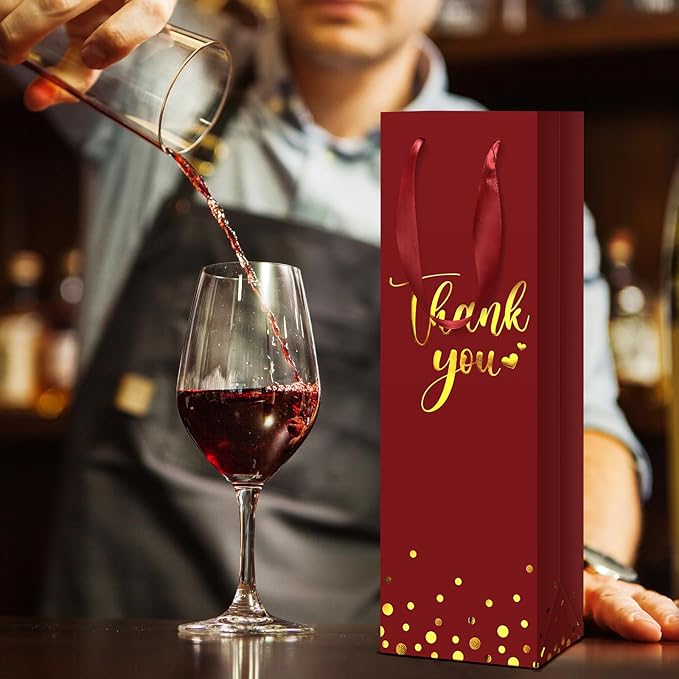 Ctosree 30 Pcs Wine Gift Bag for Wine Bottle Wedding Wine Thank You Gift Bag with Metallic Gold Foil Print Kraft Wine Paper Favor Bag with Attractive Rope Handle for Graduation Bottle(Burgundy)