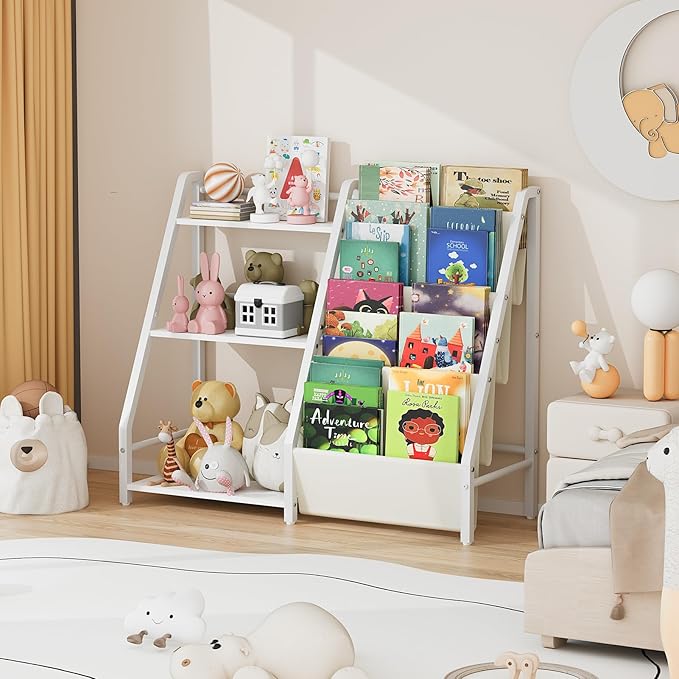 Kids Bookshelf and Toy Organizer, Book Shelf for Kids Rooms,2 in 1 Nursery Book Shelves, Toddler Bookshelf Montessori Bookshelf and Kids Book Shelf (White)