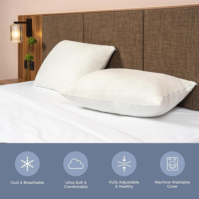 Shredded Memory Foam Pillows for Sleeping 2 Pack - Cooling Bed Pillows King Size Set of 2 - Medium Frim Gel Pillows for Side & Back Sleeper with Washable Removable Cover