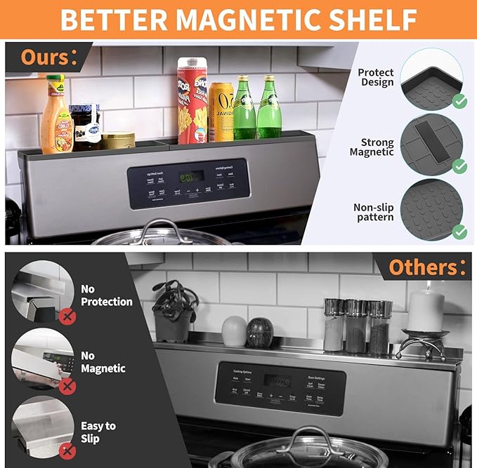 BFONS 30" Magnetic Stove Top Shelf Spice Rack Storage, Silicone Top Heat Material Stove Rack Shelf Flexible Seasoning Organizer Kitchen Shelves Gadgets with 2 Functional Prtitions for Kitchen (Grey)